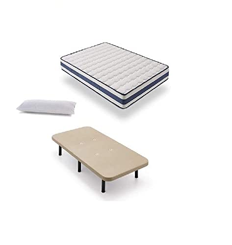 HOGAR24 Base Tapizada + Colchón Viscoelástico Visco-Medicot 3D + Almohada Fibra Resinada, 90x190 - Patas Metal 32 cm