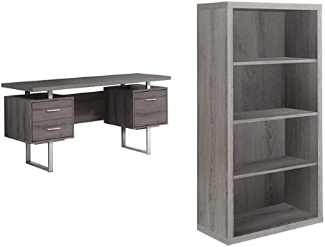 Monarch Specialties Dark Taupe Reclaimed-Look/Silver Metal Office Desk, 60-Inch & Bookcase - Sturdy Etagere with 3 Adjustable Book Shelves - 48”H (Dark Taupe)