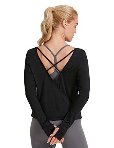 CRZ YOGA Women s Pima Cotton Open Back Long Sleeve Workout Shirts Criss Cross Yoga Sports Tops with Thumb Hole Black Large