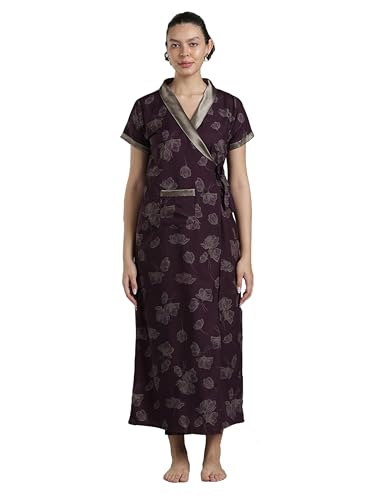 Image of 9shines Label Stylish Cotton Nighty Robe for Women | Front Open Floral Housecoat | Wrap Nighty with Pocket | Adjustable Waist Tie | Plus Size housecoat (HC-2026)