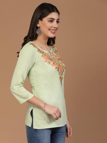 Image of QAZMI Women's Rayon Cotton Straight Keyhole Neck Three-Quarter Sleeves Israa Kashmiri Embriodered Short Kurti