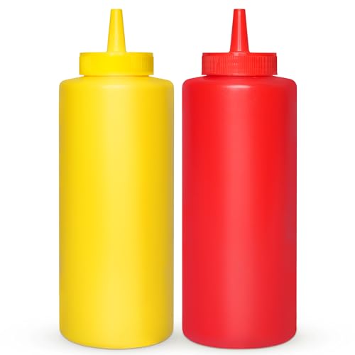 BRIGHTFROM Condiment Squeeze Bottles RED/YELLOW 12 OZ Empty Squirt Bottle with Wide Neck - Great for Ketchup Mustard Syrup Sauces Dressing Oil BPA FREE Plastic - 2 PACK