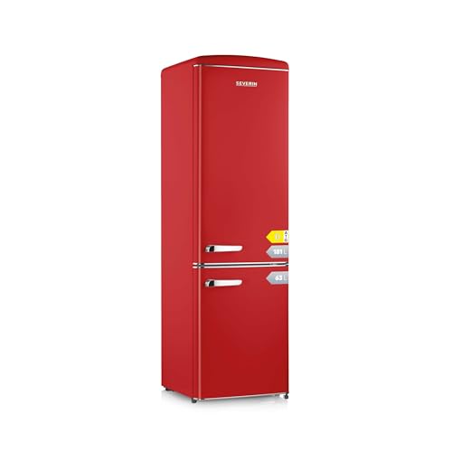 SEVERIN Retro Kühl- & Gefrierkombination, Kühlschrank im Retro-Design mit Chrom-Applikationen, LED-Beleuchtung, 1-7°C, 244 L Nettovolumen, nur 39 dB, rot, RKG 8917 [EEK D]