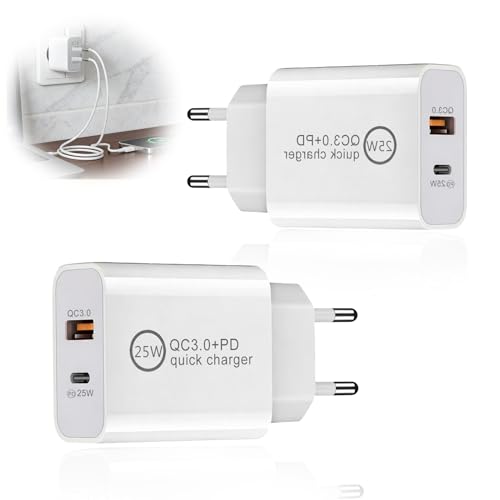 2Pack Cargador USB C 25W 2 Puerto Enchufe Tipo C Carga Rapida Múlti Movil Charger Cabezal Dual Tipo C y USB A QC 3.0 y PD Adaptador Cargador para Samsung Galaxy S24/S23/S22/S21 para iPhone 16/15/14