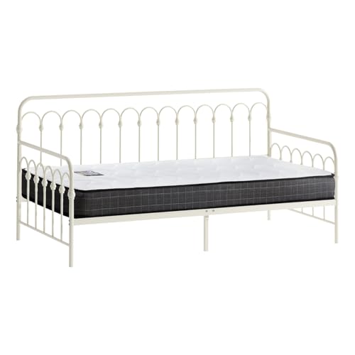 OIKITURE Metal Daybed Frame w/Mattress Set, Single Size Sofa Bed with Central Support Legs, Steel Bed Slats, Single Beds with Medium-Firm Support Mattress for Bedroom Furniture, Beige