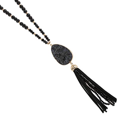 RIAH FASHION Bohemian Pendant Beaded Long Statement Necklace - Sparkly Crystal Bead Boho Teardrop, Natural Stone, Tassel Charm Wrap Lariat4