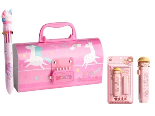 Image of Invite New Cartoon Theme Pencil Box with Push Pull Eraser Set for Kids | Suitcase Style Password Lock Stationery Organizer | School Supplies Gift Combo for Boys & Girls (Pink Unicorn + Eraser)