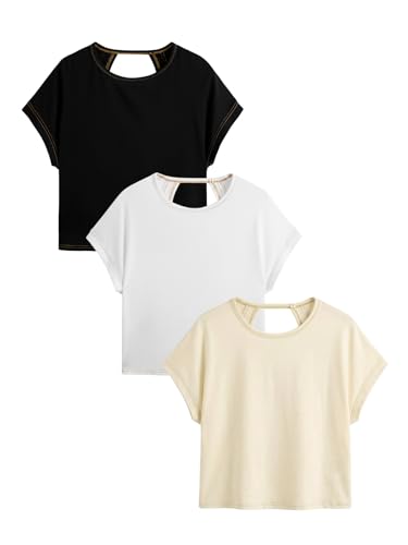 Image of RoseSeek Women's 3 Packs Open Back Tops T Shirt Criss Cross Cut Out Tee Short Sleeve Crewneck Summer Backless Tops