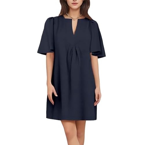 ROYLAMP Women's Elegant Pleated Dress V-Neck Oversized Flutter Sleeves Summer Shift Casual Mini Dresses with Pockets Medium Navy Blue
