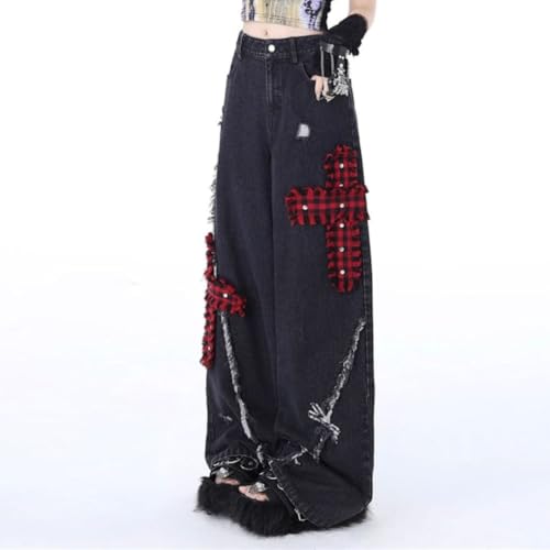 LAFOURAM Petite Jeans for Women 5 FT Short Wide Leg Baggy Cross Plaid Patchwork Denim Pants3