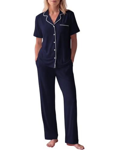 Image of HNG Women Pajamas Set 2 Piece Button Up Pajamas Pant and Short Sleeve Shirt for Woman Pj Sets with Pocket