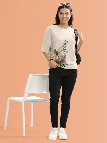 Image of HELLCAT Beige Printed Loose Fit Crew-Neck Crop T-Shirt for Women