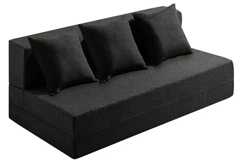 Image of Los Angeles Foldable Three Seater Sofa Cum Bed, Sofa Bed 5 X 6 Feet, Jute Fabric Washable Cover- Including 3 Cushion Perfect for Home & Office, Guest Room -Black Color
