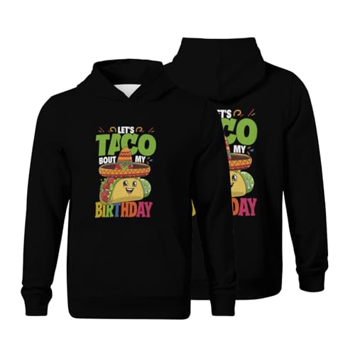 Kids Vintage Funny Let's Taco Bout My Birthday Party Boys Girls Lightweight Kangaroo Pocket Fleece Hoodies