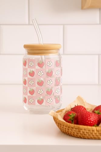 Image of THE UMBRELLA STORE Glass Tumbler Bamboo Lid and Straw, Coffee Tumbler, Reusable Glass (Daisy and Strawberry)