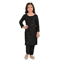VASTRAMAY Girls Kurta Embroidered Cotton Blend Three Four Sleeve Above Knee Length Trousers and Pants Set with Plain Pants, Black, 7-8 ans