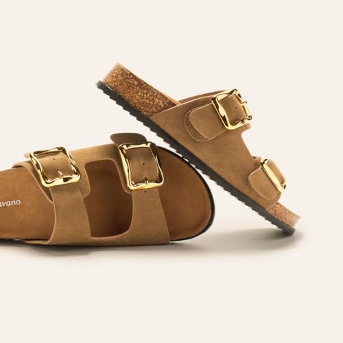 Image of C.Paravano Women Suede Leather Slide Sandal Slip on Wide Width Arch Support | Flat feet friendly, Contoured cushioned footbed, Wide-foot friendly, Great for walking, Adjustable metal buckle, Beach sandal