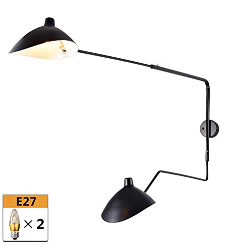 Applique Murale À Bras Long Vintage Industrielle Avec Interrupteur Lampes De Lecture Réglables À 2 Lumières Lampe Murale De Chevet En E27 Métal Noir pour Chambre À Coucher Salon Loft Barres,120cm