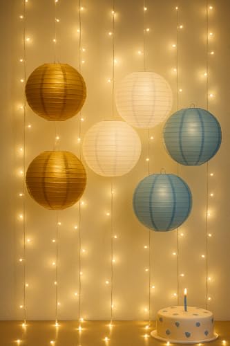 Image of Gold, Baby Blue, White Hanging Paper Lanterns Decorative Kit