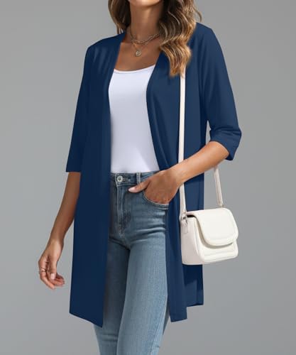 Image of YSYOKOW Womens Open Front Long Cardigan 3 /4 Sleeve Lightweight Knit Cardigan Casual Layering Spring Summer