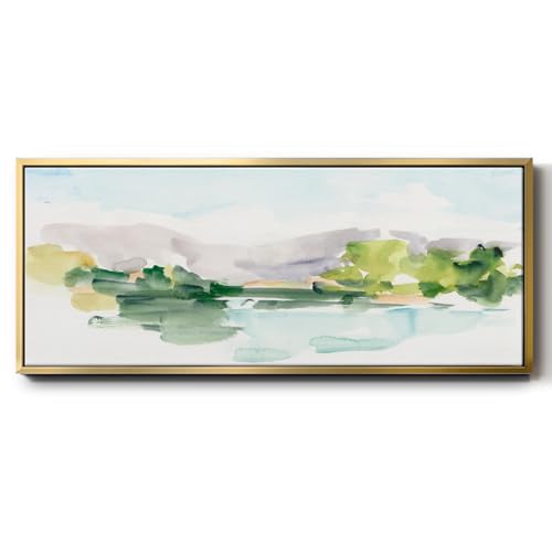 Renditions Gallery Abstract Watercolor Floater Framed Wall Art Peaceful Lakeside Serenity Canvas Home Decor Paintings for Bedroom Office Living Room - 12"X30" GOLD Frame GAL033