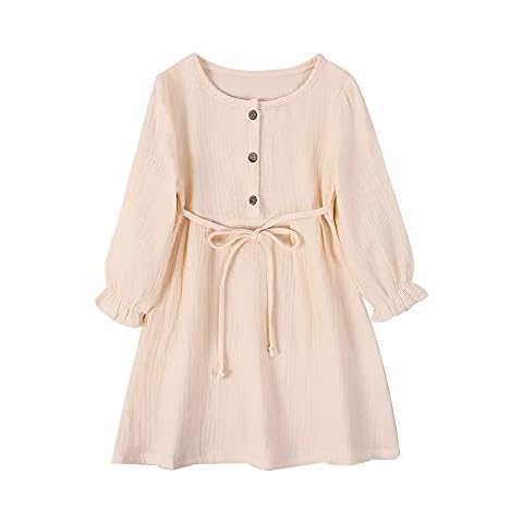GLIGLITTR Toddler Baby Girl Cotton Linen Dress Long Sleeve Crew Neck Dresses Button Down Sundress Casual Fall White Dress (Beige, 5-6X) Cover