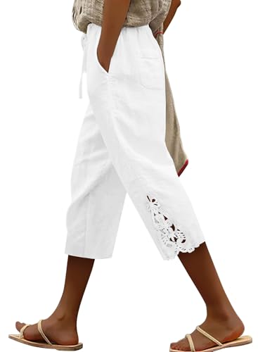 ONLYSHE Womens Capri Pants Trendy Casual Trousers Lightweight Drawstring Elastic Waist Pants with Pockets White 3XL