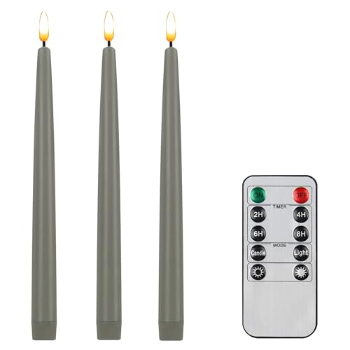 Image of CVHOMEDECO. Flameless Taper Candles with 10-Key Remote, Battery Operated Led Flickering 3D Wick Window Candles Real Wax Finished Home Christmas Party Decor 0.78 x 11 Inch, Pack of 3, Grey