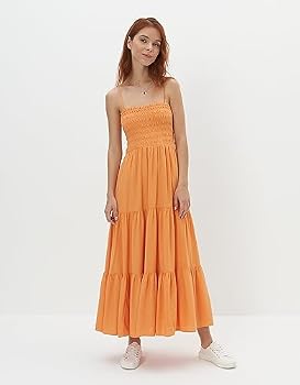 American Eagle Women U-0395-7344-800 Smocked Tiered Midi Dress M Orange:  Buy Online at Best Price in Egypt