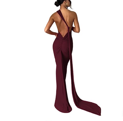 Suillty Women's Sexy Oblique Shoulder Backless Maxi Dress Ruched Back Strap Sleeveless Party Club Long Dresses Bodycon
