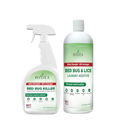 Image of Hygea Natural Bed Bug & Lice Extra Strength Elimination Duo - Includes 24 oz Lice & Bed Bug Spray & 32 oz Laundry Additive - environmentally responsible Formula - Pest Control for Home & Travel | Includes spray, laundry additive, and /or refill. Child, Pet and Eco Friendly Odorless Formula