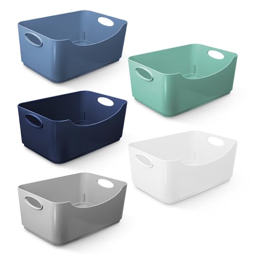 KEPLIN 5 Pack Plastic Storage Baskets with Handles BPA-Free Dishwasher Safe Organiser Boxes for Kitchen Bathroom Pantry Shelves & Drawers Lightweight Space-Saving Containers 22.3 x 14.8 x 10 cm