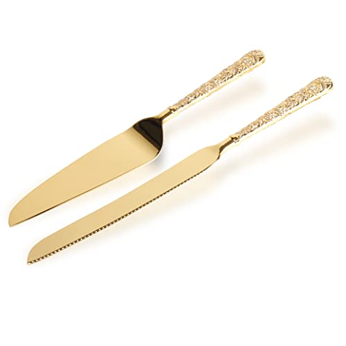 Dicunoy 2 Pcs Gold Cake Knife And Server Set, Wedding Cake Cutting Utensils, Vintage Engraved Cake Cutter And Serving Spatula For Birthday, Party, Anniversary #TOP2