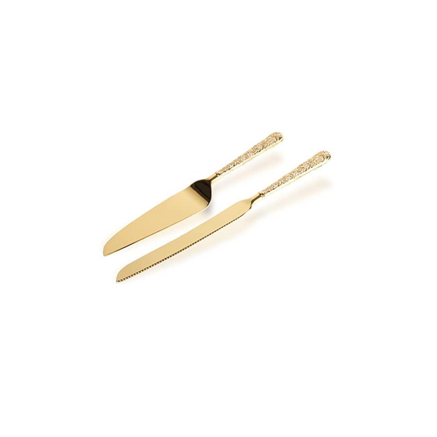 Dicunoy 2 PCS Gold Cake Knife and Server Set, Wedding Cake Cutting Utensils, Vintage Engraved Cake Cutter and Serving Spatula for Birthday, Party, Anniversary