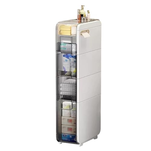 MEWVABKW Mueble de baño Vertical con cajones Transparentes, Ruedas y diseño angosto, Organizador de Papel higiénico de plástico Alto y Delgado para Almacenamiento en el Lavabo del baño, opción de Col