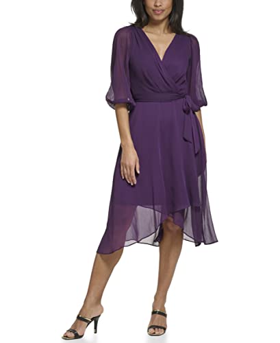 Image of DKNY Women's Chiffon Balloon Sleeve Faux Wrap Midi Dress with High-Low Hem