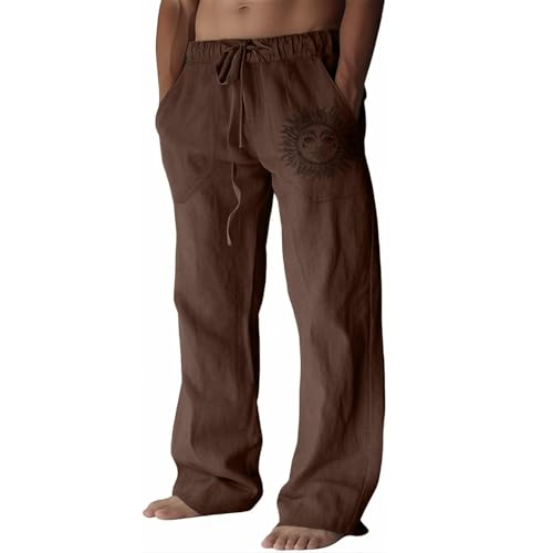 Image of Puimentiua Cotton Linen Pants Men, Summer Beach Pants Loose Fit with Elastic Waist Drawstring