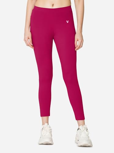 Image of VSTAR PL02 Women Ankle Length Stretchable Slim Fit Leggings with Secured Side Pocket | Moisture-Wicking | Soft Waistband & Cotton-Elastane Fabric | S | Strawberry