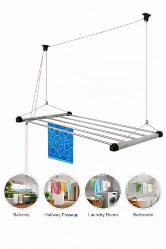 Image of Purnima Marketing PM Heavy Duty Stainless Steel (5 Pipe X 4 Feet) ECODRY Model with UV Protected Nylon Rope Ceiling Cloth Dryer | Cloth Drying Stand for Balcony | Clothes Stand for Drying