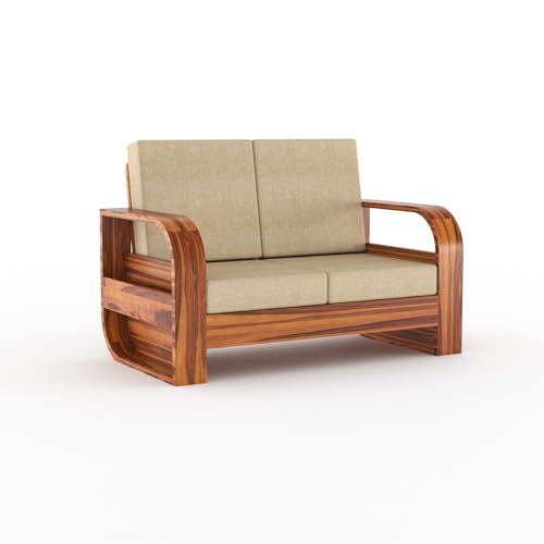 Image of Sheesham Wood 2-Seater Sofa - Solid Wood Couch with Natural Finish & Cream 40-Density Cushions | Wooden Sofa Set for Living Room & Office