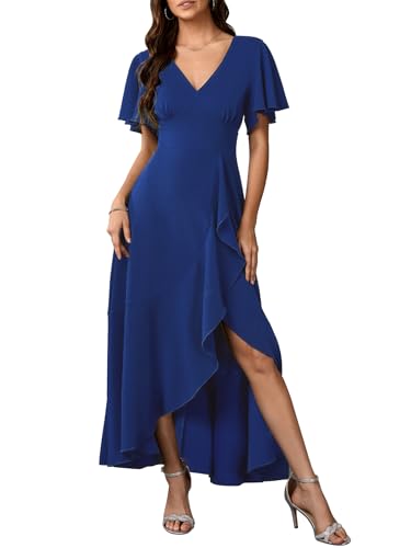 Image of SCOMCHIC Women Wedding Guest Dresses Formal Evening Party Cocktail Short Sleeve V Neck Ruffle Split Flowy Maxi Dress
