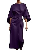 EFOFEI Mujeres Boda Invitada Midi Vestidos Largo Oscilación Vestidos con Cinturón Linterna Estilo 3/4 Mangas Vestido Violeta S