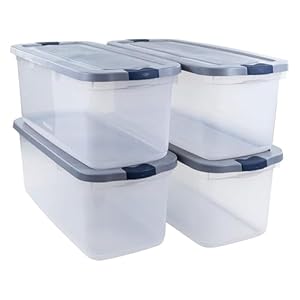 Rubbermaid Roughneck Clear 95 Qt/23.75 Gal Storage Containers, Pack of 4 with Latching Grey Lids, Visible Base, Sturdy and Stackable, Great for Storage and Organization
