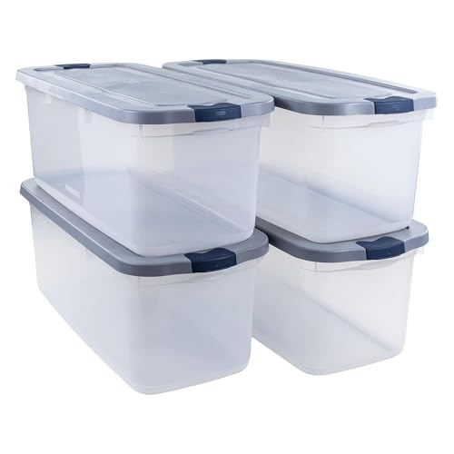 Rubbermaid Roughneck Clear 95 Qt/23.75 Gal Storage Containers, Pack of 4 with Latching Grey Lids, Visible Base, Sturdy and Stackable, Great for Storage and Organization