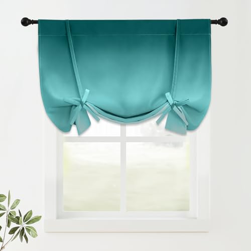 COSVIYA 100% Blackout Ombre Teal Adjustable Tie Up Curtains for Kitchen Thermal Insulated Room Darkening Valance Rod Pocket Balloon Roman Shade for Small Window,48" L x 34" W, 1 Panel