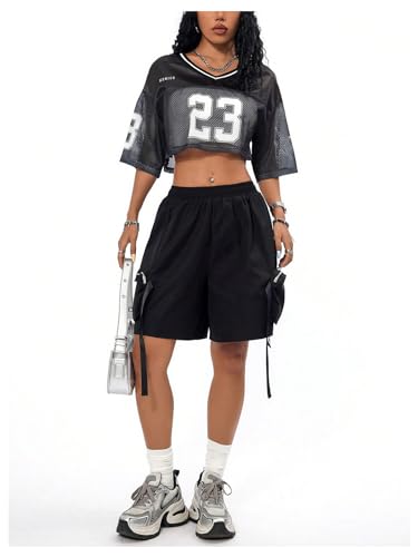 Verdusa Women's Jersey Shirts Hip Hop V Neck Short Sleeve Mesh Crop Top Graphic Tees4