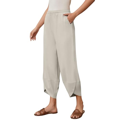 Straight Leg Linen Pants Women Elastic Waist Wide Leg Cropped Pants Lightweight Casual Barrel Sweatpants with Pockets2
