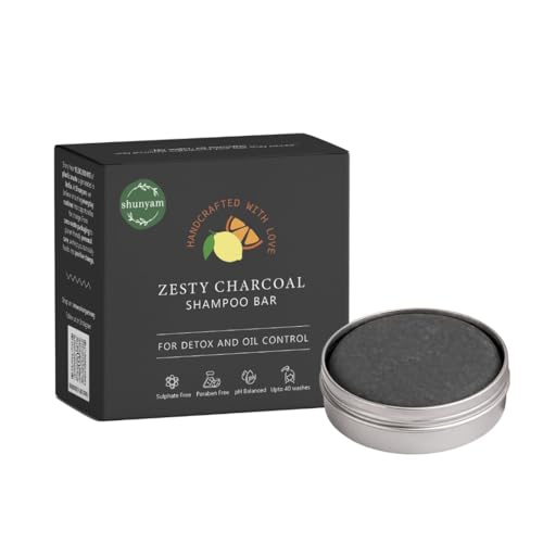 Image of Shunyam Zesty Charcoal Shampoo Bar with Activated Charcoal, Orange & Lime Essential Oils | Sulphate & Paraben Free | Cruelty-Free & Handcrafted | Comes in Travel-Friendly Tin Box | 70g