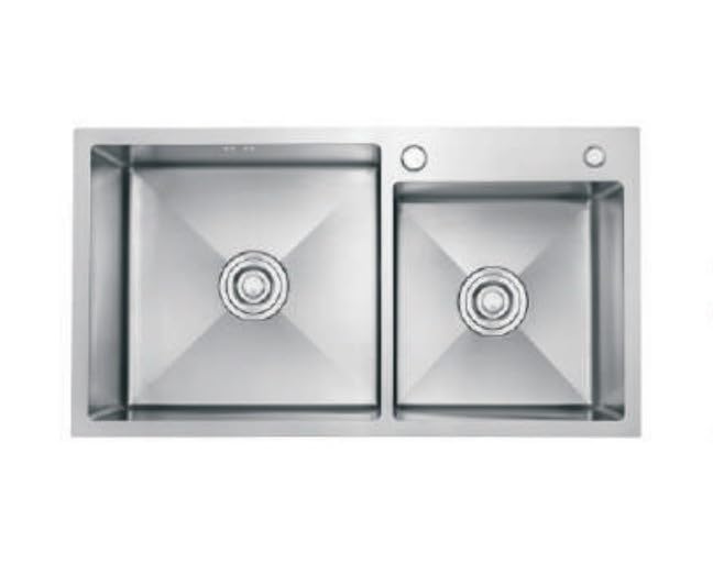 ZOONI : 820 x 450 MM, Handmade Double Bowl 304-Grade Heavy-Duty Kitchen Sink Double Bowl Sink with Basket Strainer