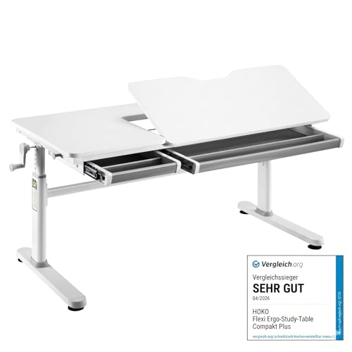 HOKO Kinderschreibtisch Höhenverstellbar, Schreibtisch Kinder 120x60 cm, Kinderschreibtische Kinder ab 6 Jahren, Neigbare Tischplatte mit Schubladen, Verstellbar 54-76cm (Weiß, ELIN)